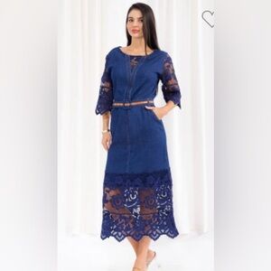 Chic Navy Denim 3/4 Sleeve Dress with beautiful lace detail.